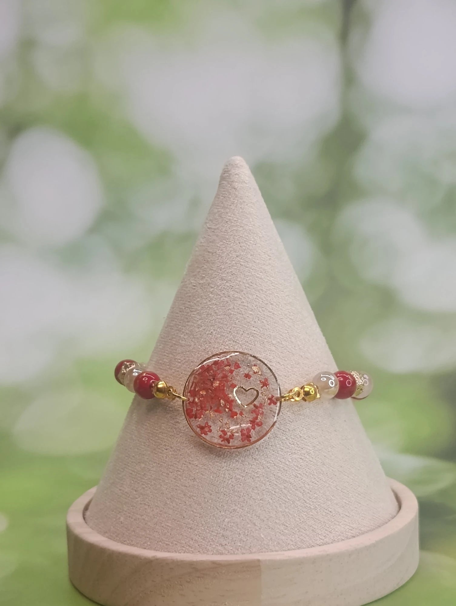 Bracelet cœur & fleurs rouges – Perles d'hématite dorée & agate champagne - A Fleur d'Or