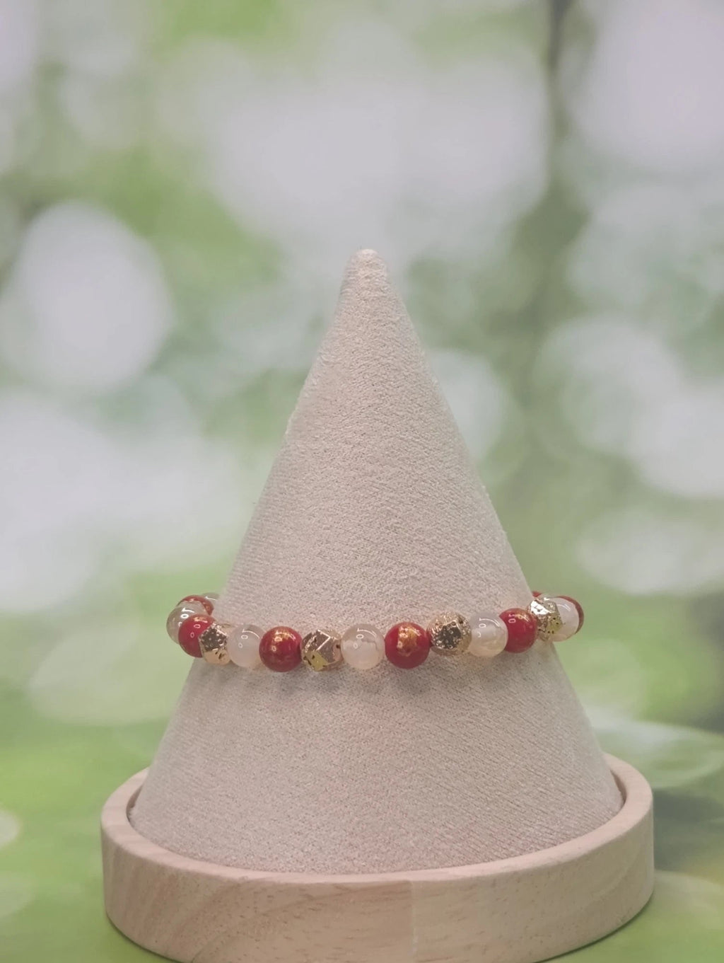 Bracelet cœur & fleurs rouges – Perles d'hématite dorée & agate champagne - A Fleur d'Or
