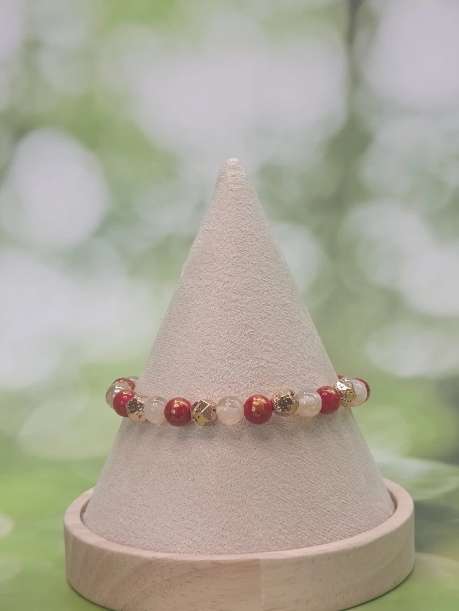 Bracelet cœur & fleurs rouges – Perles d'hématite dorée & agate champagne - A Fleur d'Or