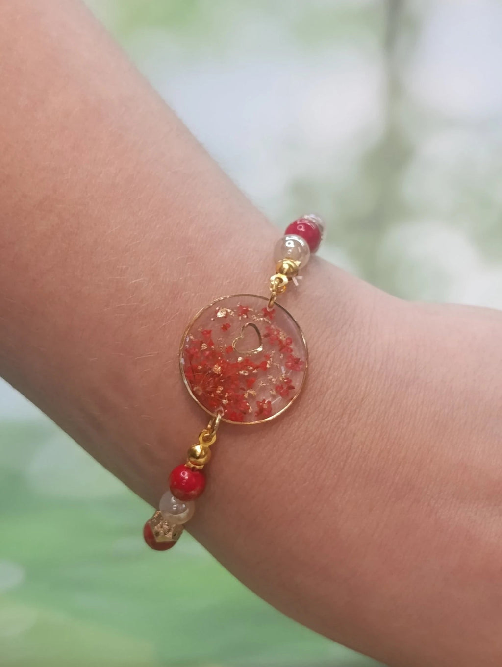 Bracelet cœur & fleurs rouges – Perles d'hématite dorée & agate champagne - A Fleur d'Or
