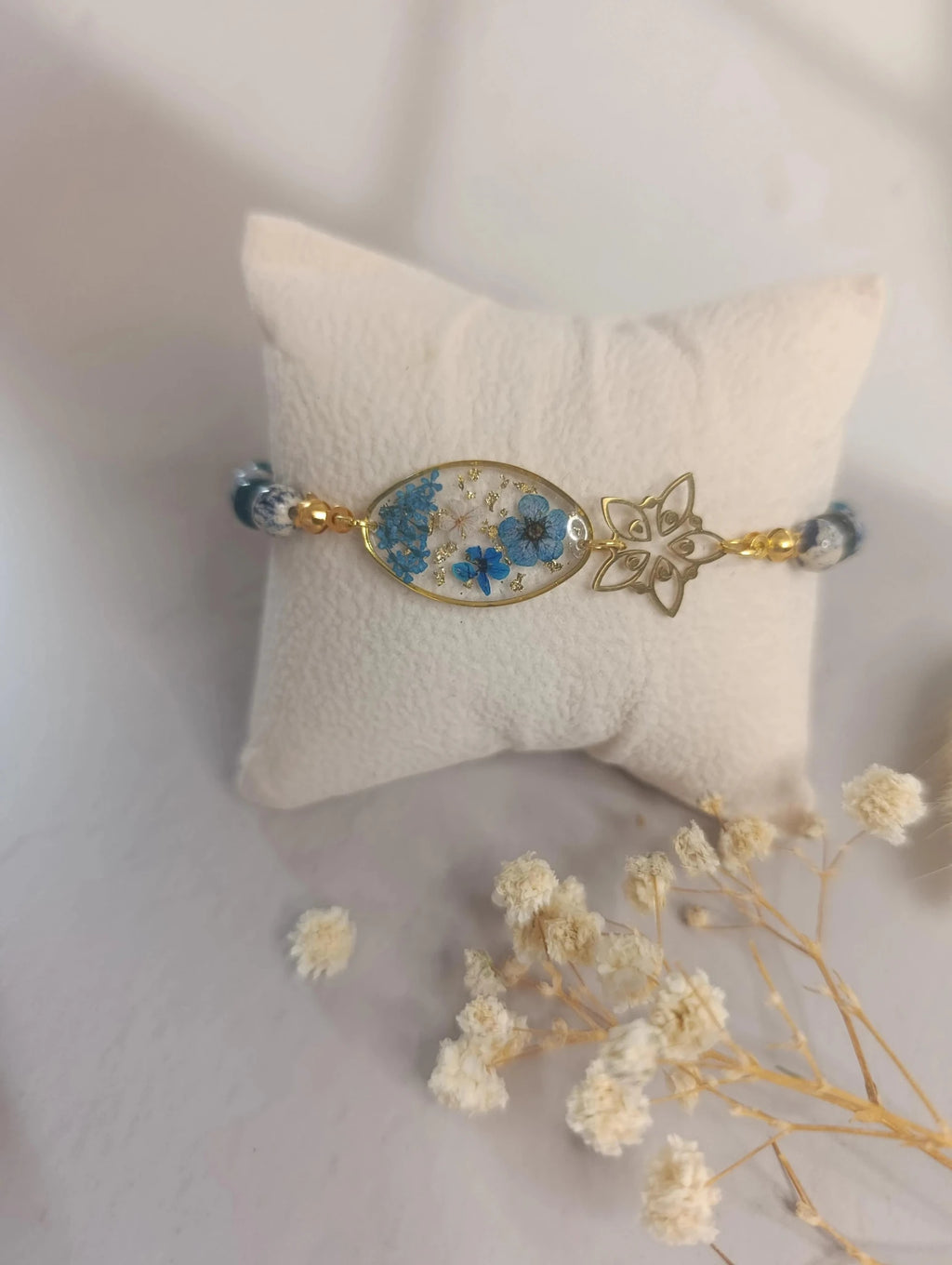 Parure florale bleue – Fleurs séchées & pierres naturelles - A Fleur d'Or